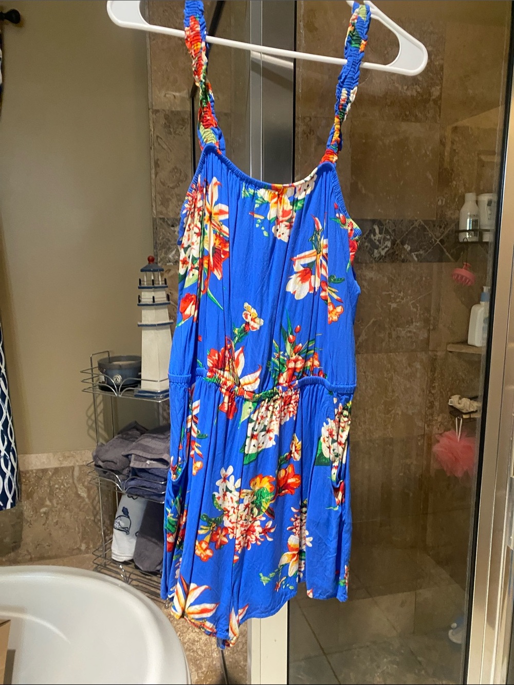 Womens Blue Floral One-Piece Summer Romper